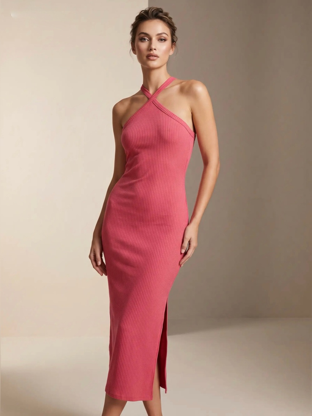Old Navy Ribbed Cross-Neck Midi Dress in Hot Pink